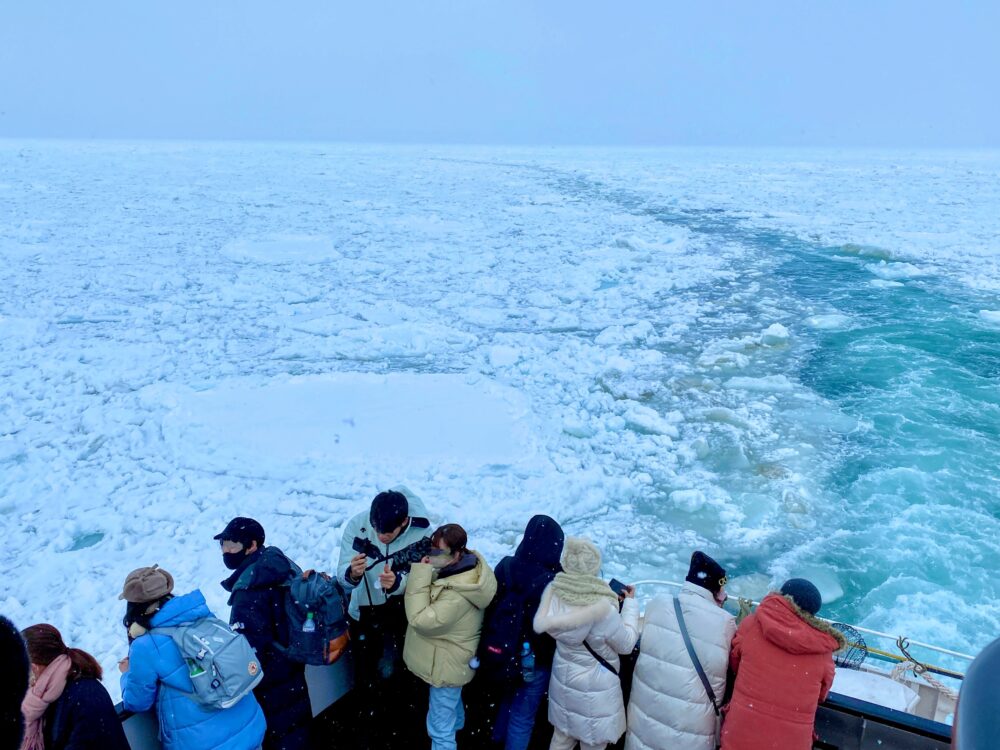 流氷の海を眺める流氷船の乗客（後ろ姿）
