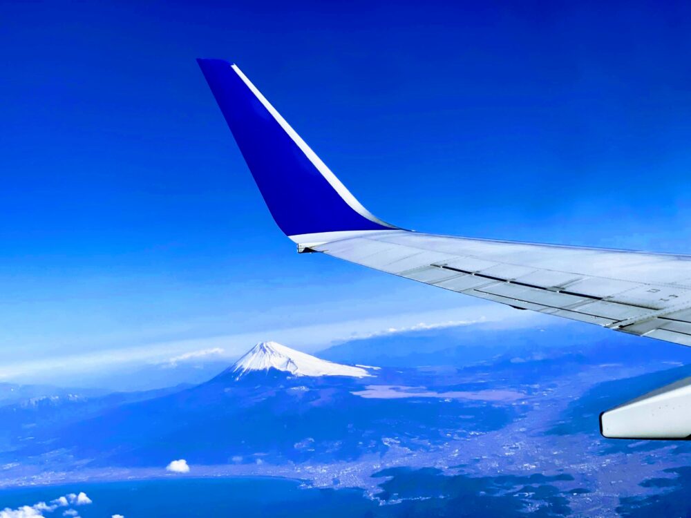 ANAの翼の向こうに冠雪した富士山