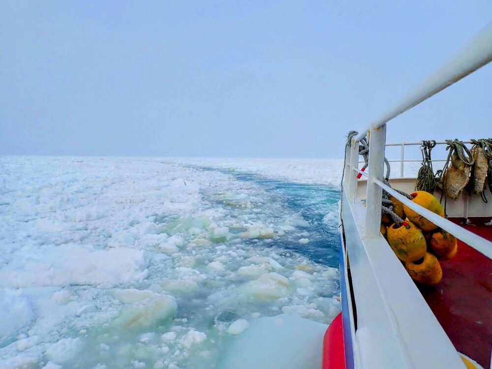 流氷の海を進む流氷船

