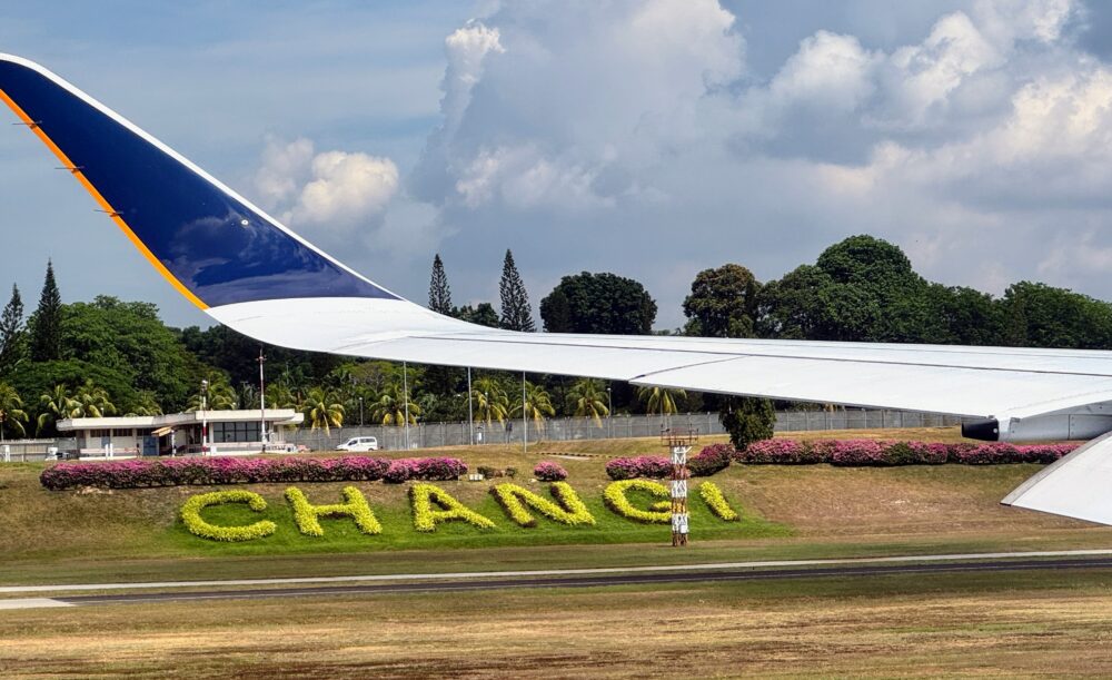 チャンギ国際空港の滑走路と飛行機の翼