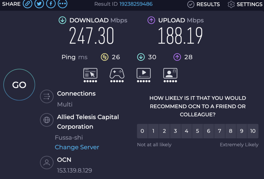 セントレアエアラインラウンジのWi-Fi速度計測結果。下り247.30Mbps・上り188.19Mbps。