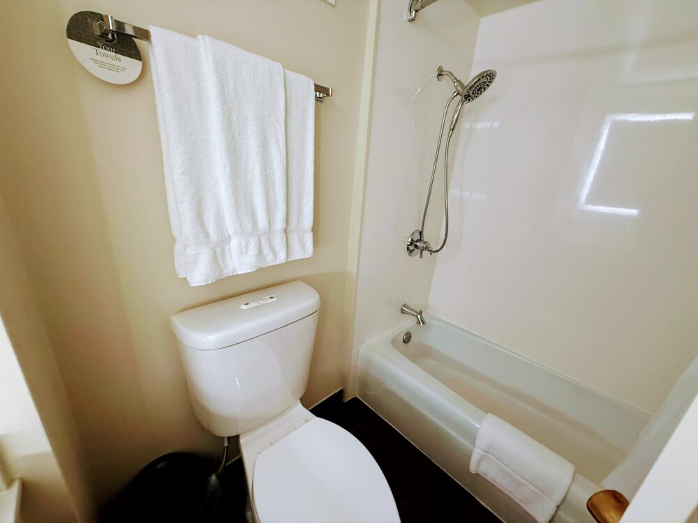 深めのバスタブとトイレが並ぶシンプルなバスルーム。使いやすいシャワーヘッド付き。」