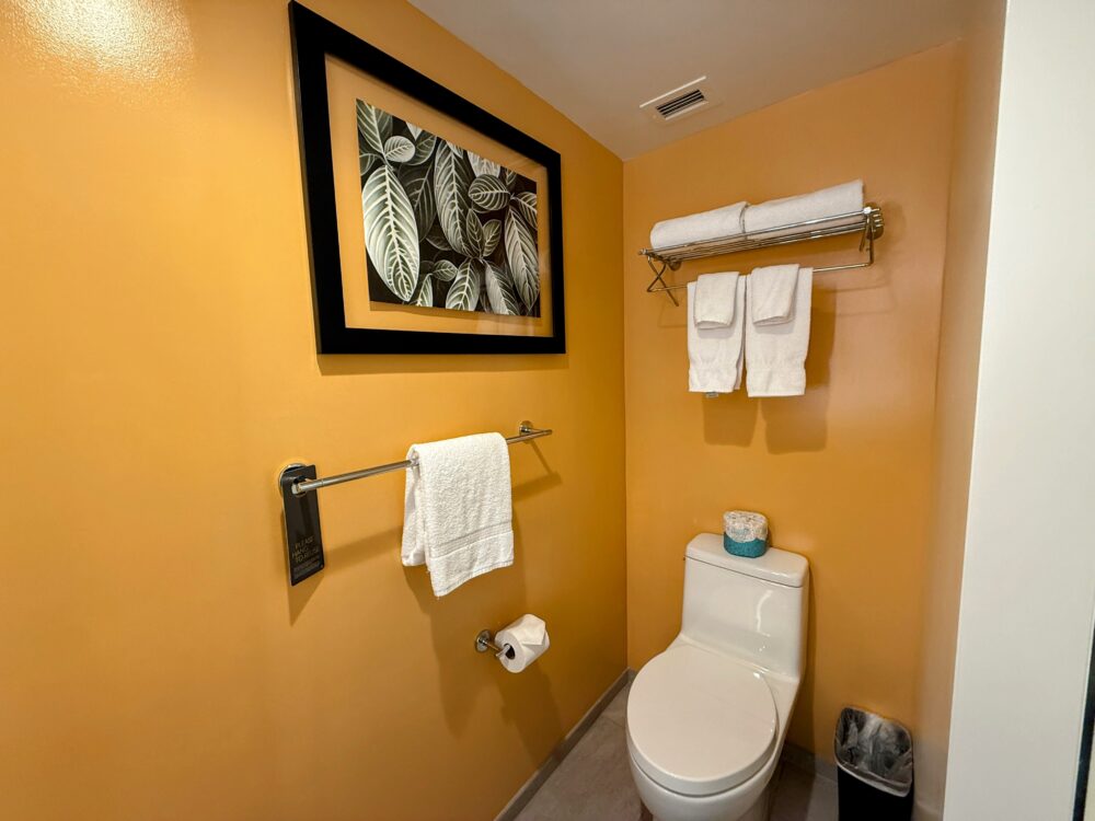 バスルームのトイレスペース。オレンジ色の壁にアートが飾られ、タオルが積まれた棚。