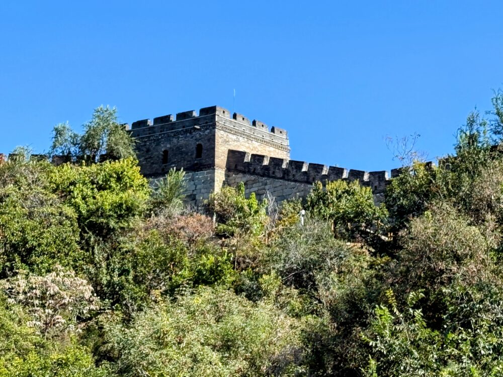 リフトから見上げた万里の長城の城壁と見張り塔。青空と緑のコントラストが美しい一枚。