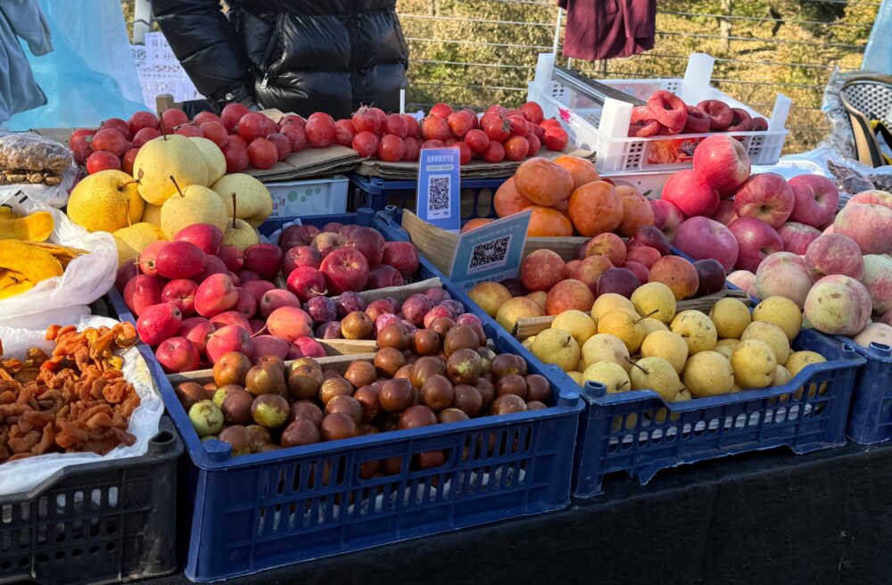 慕田峪長城のふもとにあるフルーツ露店。梨や柿、リンゴなどの果物が並び、観光客向けに販売されている。