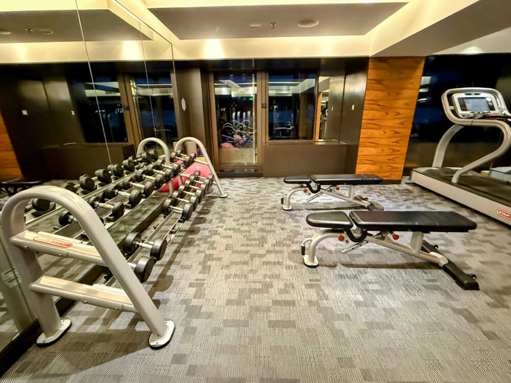 ダンベルとトレーニングベンチが配置された筋トレエリア