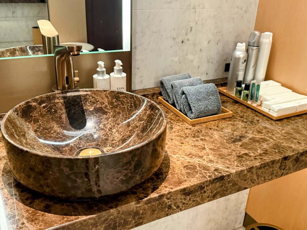 大理石のボウルを使用した高級感のあるパウダールームの洗面台