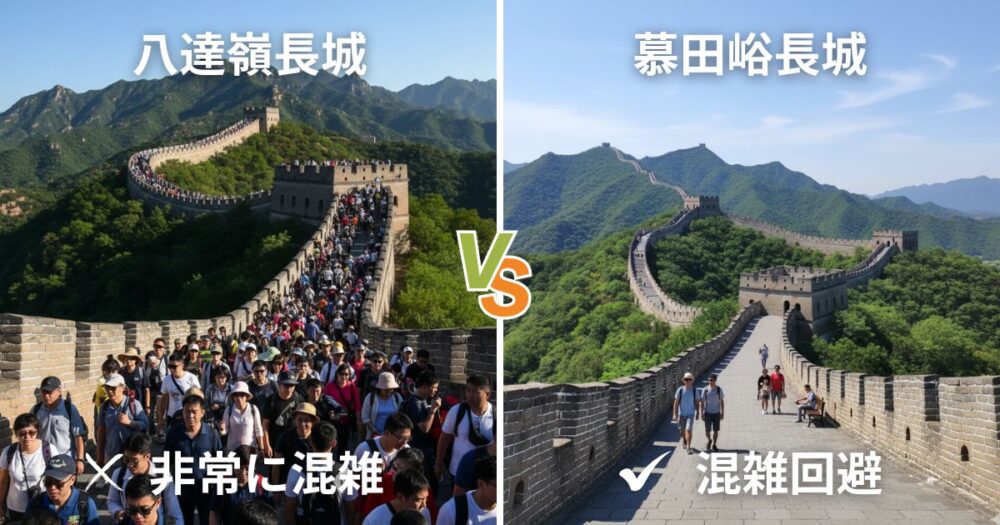 八達嶺長城と慕田峪長城の比較。左は観光客で非常に混雑した八達嶺長城、右は人が少なくゆったり歩ける慕田峪長城の様子を並べた写真。混雑を避けたい旅行者には慕田峪長城がおすすめ。