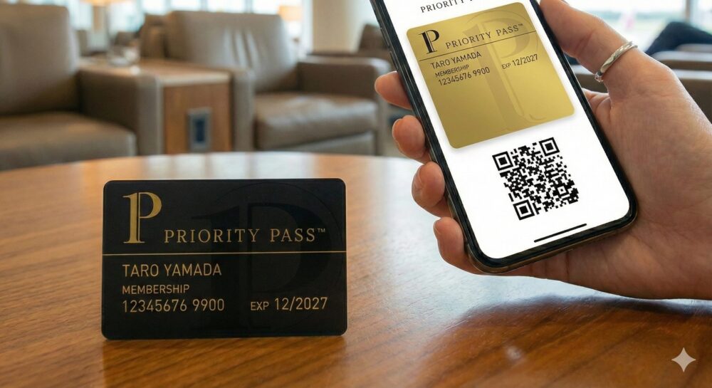 プライオリティパスの物理カード（黒いプラスチックカード）と、スマートフォンの画面に表示されたデジタル会員証の両方を手に持って見せている女性のイラスト。