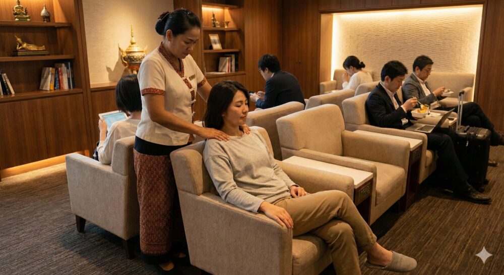 コーラルラウンジの落ち着いた照明の店内で、ソファーに座ったまま無料の肩マッサージを受けている女性のイメージ。タイの制服を着たスタッフが施術をする様子。