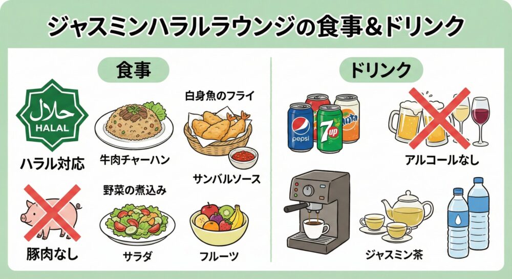 「Jasmine Halal Lounge Food & Drink」の特徴をまとめた図解イラスト。「NO PORK（豚肉なし）」「NO ALCOHOL（アルコールなし）」というハラル特有のルールと、「Healthy Menu（野菜や魚中心のヘルシーメニュー）」「Coffee & Tea（充実したソフトドリンク）」という魅力を、わかりやすいアイコンで表現している。
