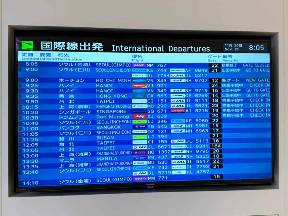 ラウンジ内に設置された国際線出発便の案内モニター。出発時刻、行き先、便名、搭乗ゲート、運行状況（搭乗手続中など）が表示されている。