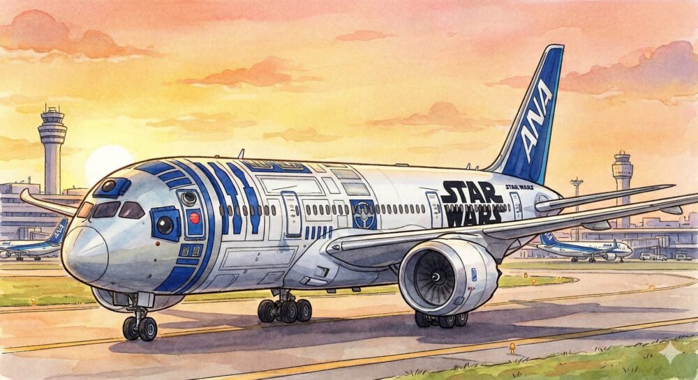 羽田空港の滑走路に駐機するANAスターウォーズジェット(R2-D2 ANA JET)のイラスト