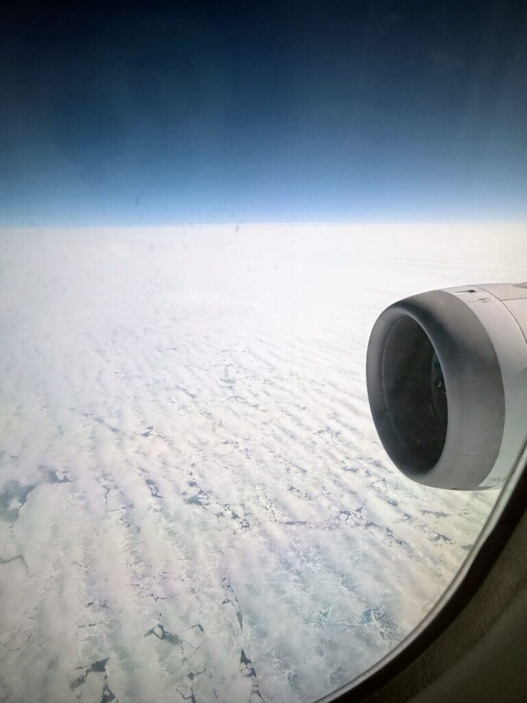 北極圏上空の機窓から望む、眼下一面に広がる神秘的な海氷(流氷)のひび割れ模様。