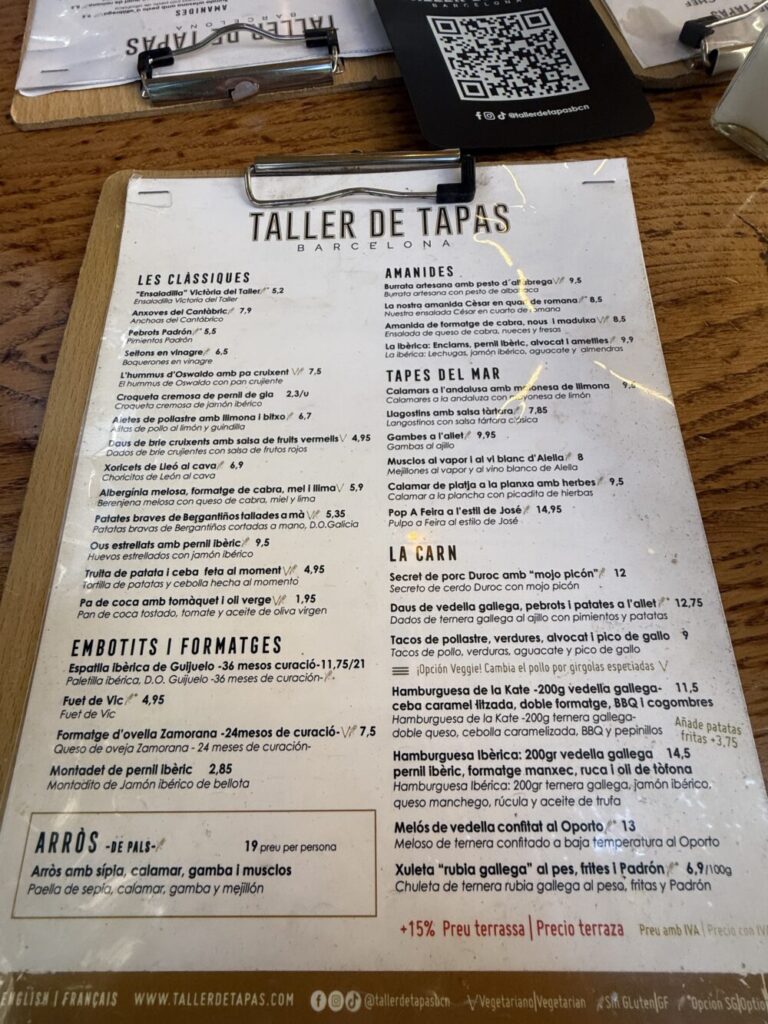 Taller de Tapasのメニュー表。