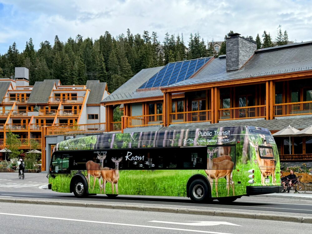 バンフ市内を走る公共バス「Roam Transit」。緑の草原と鹿の写真がラッピングされた電気バス。