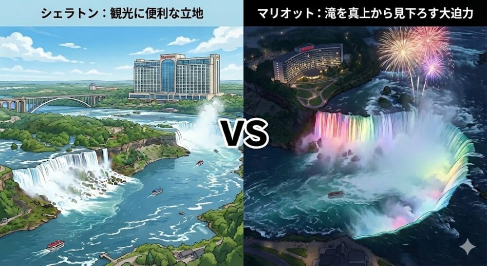 シェラトンとマリオットの比較イラスト。左は観光に便利な立地のシェラトン、右は滝を真上から見下ろす大迫力のマリオット(花火とライトアップ)。