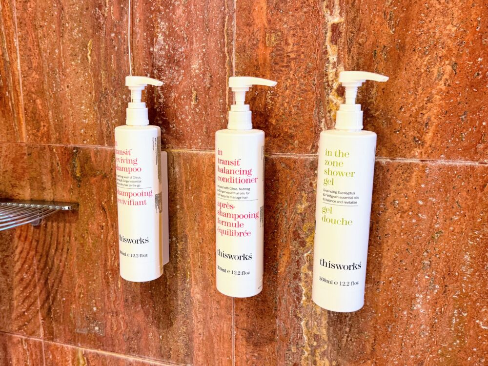 壁に設置された「thisworks」ブランドのシャンプー、コンディショナー、ボディソープのボトル。