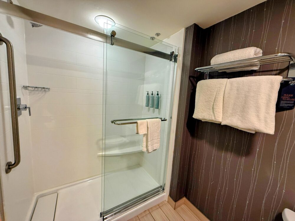 ガラス扉付きのシャワーブース。バスタブなしのタイプ。
