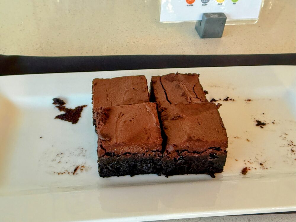 デザート用の濃厚なチョコレートブラウニー。四角くカットされ、しっとりとした質感。