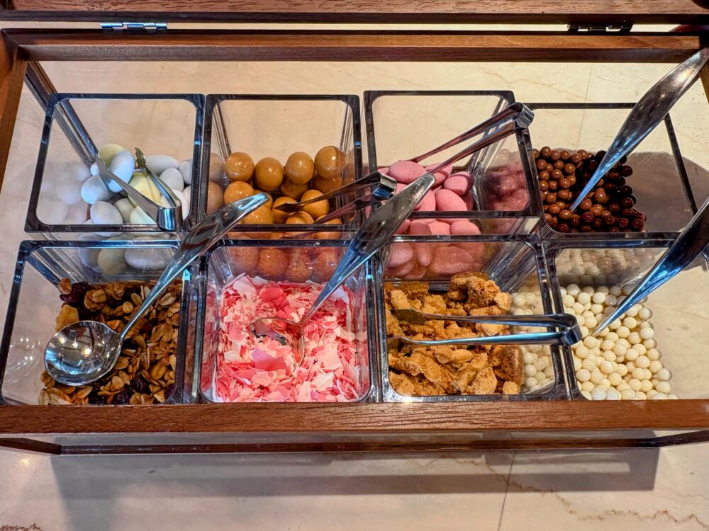 木枠のガラスケースに並ぶ8種類のトッピング。チョコレートボール・グラノーラ・ピンクのフレーク・キャラメルナッツなどが小分けのケースに入りトングが添えられている。