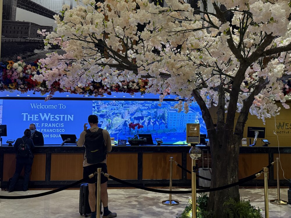 桜の装飾とブルーのスクリーンが印象的な、ホテルのフロントレセプションカウンター。