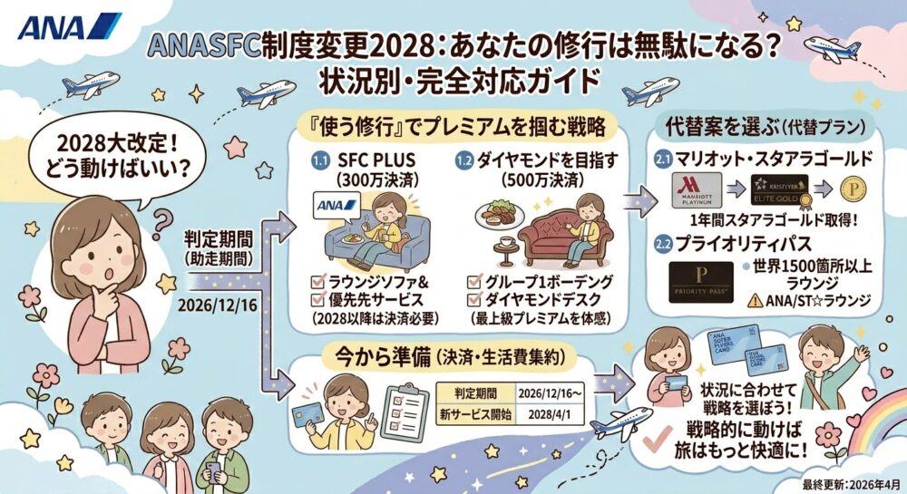 ANA SFC制度変更2028に関するブログ記事のアイキャッチ。タイトルは『ANASFC制度変更2028：あなたの修行は無駄になる？状況別・完全対応ガイド』。可愛らしいイラストで、決済額に基づく戦略転換、代替案（マリオット、プライオリティパス）、準備期間を解説。状況に合わせた戦略選びを促すインフォグラフィック。
