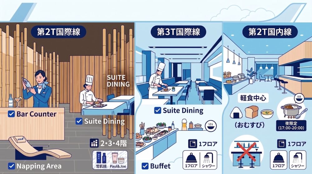 全日本空輸（ANA）の空港ラウンジサービスを比較する、青と白を基調としたインフォグラフィック。上部に飛行機の機体後部が描かれている。
左から順に「第2ターミナル国際線」、「第3ターミナル国際線」、「第2ターミナル国内線」のサービス内容を比較している。