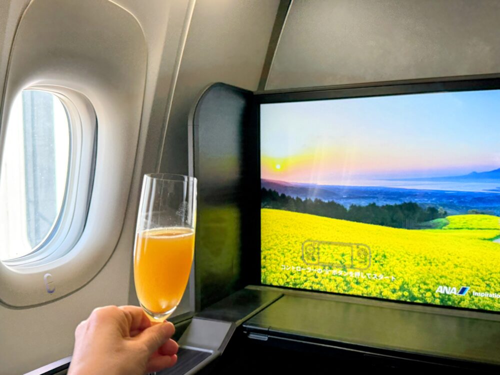 ANA THE Suite 機内にて、窓を背景にシャンパングラスに注がれた
オレンジジュース(ミモザ)を手に持つ写真。右側には日本の菜の花畑と
夕焼けの映像が映る43インチの大型モニター、左側には機窓が見える。