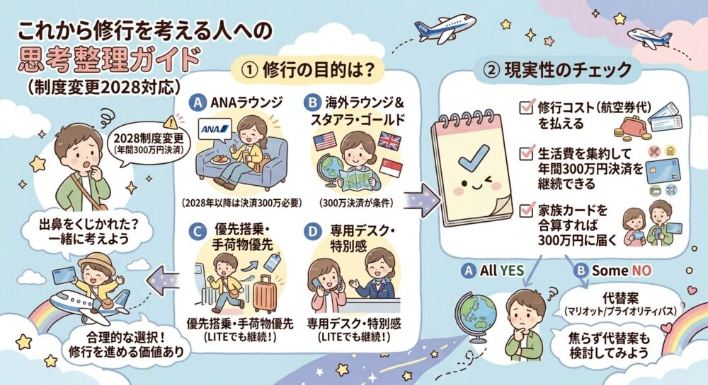 ANA SFC制度変更2028に伴う思考整理ガイド。可愛らしいパステル調のイラストで、修行の目的と現実性(決済額300万など)をチェックし、修行続行か代替案検討かを判断できるインフォグラフィックです。