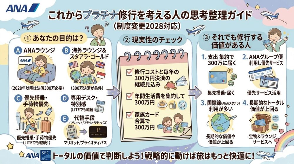 ANA SFC制度変更2028に対応した、プラチナ修行検討者のための思考整理ガイド。目的（ラウンジ利用には300万決済必要、優先サービス等はLITE継続）と現実性をチェックし、それでも修行する価値がある人の条件をイラストで解説。トータルの価値で判断し、戦略的に動くことを促すインフォグラフィック。