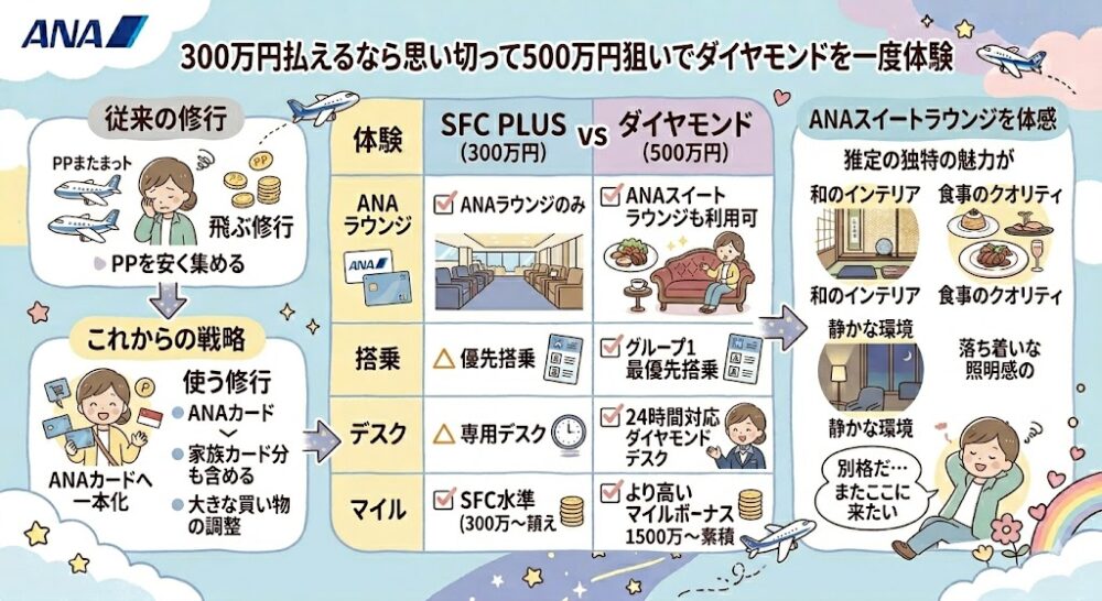 ANAステータス修行の戦略転換(PP獲得からANAカード決済集中へ)と、年間300万円決済(SFC PLUS)vs 500万円決済(ダイヤモンド)の比較。ラウンジ、搭乗、デスク、マイルの面でダイヤモンドの優位性を伝え、和のインテリアや食事のクオリティといったANAスイートラウンジの魅力を強調するインフォグラフィック。