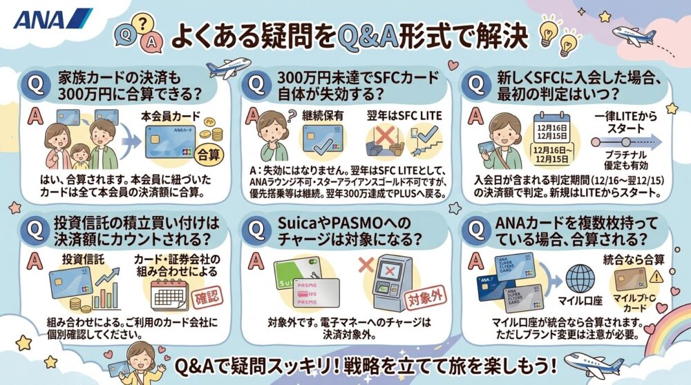 ANA SFCに関する主要な疑問をパステル調の可愛らしいイラストで解決するQ&Aインフォグラフィック。家族カード合算、未達時の対応(SFC LITE)、判定期間、積立やチャージの対象有無、複数カード合算について簡潔に解説しています。