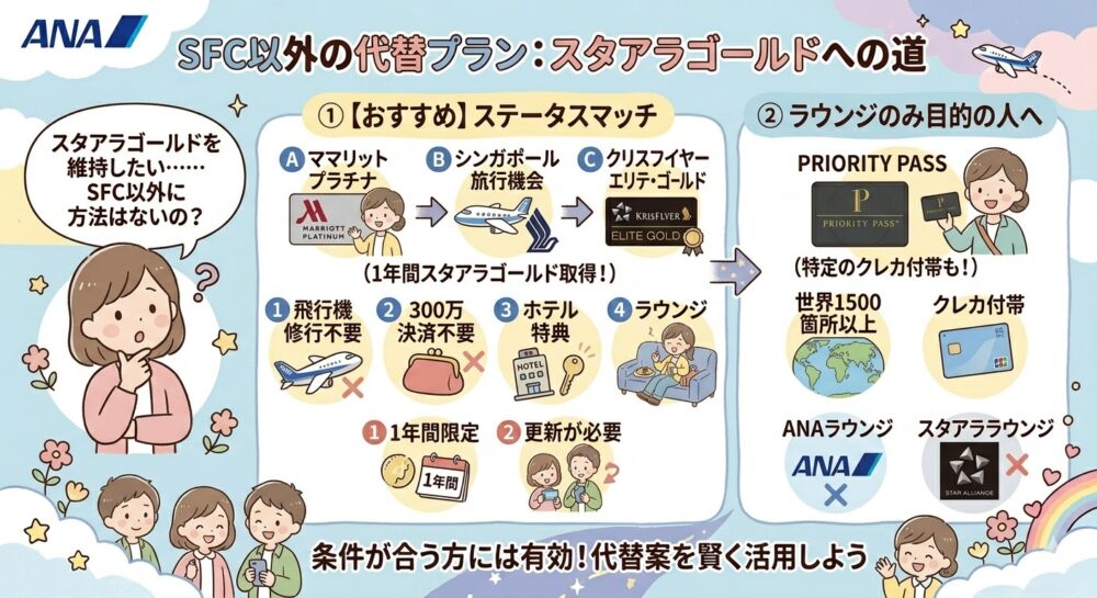 ANA SFCの代替プラン解説インフォグラフィック。マリオットからのステータスマッチによる1年間スタアラゴールド獲得や、ラウンジ目的でのプライオリティパス活用について、可愛らしいイラストでまとめています。
