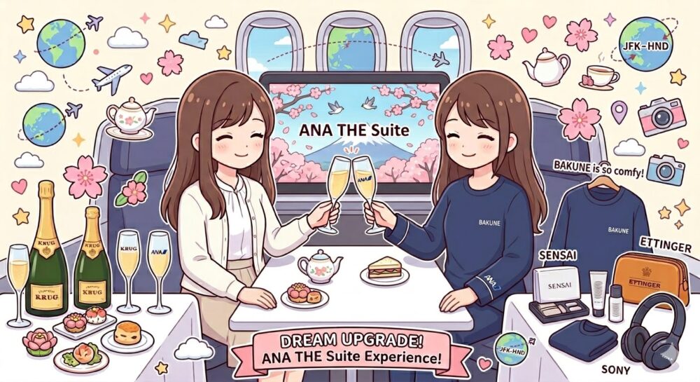 ANAファーストクラス『THE Suite』で向かい合って乾杯する二人の女性を描いたポップなイラスト。丸首のBAKUNEパジャマ、クリュッグのシャンパン、エッティンガーのポーチ、SONYのヘッドホンなど、豪華なアイテムがパステルカラーで可愛らしくちりばめられています。