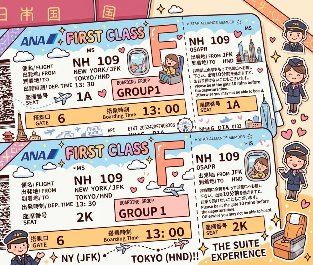 ANAファーストクラス「NH109便」の搭乗券2枚を描いた、ポップで可愛らしいイラスト。座席番号は「1A」と「2K」で、飛行機やニューヨークの街並み、客室乗務員などの小さなイラストがちりばめられています。