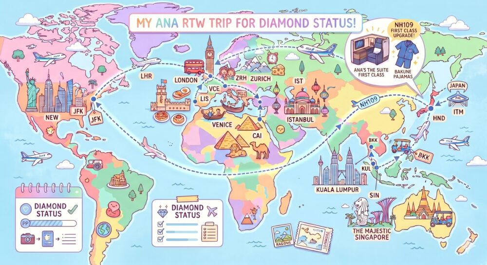 ANAダイヤモンドステータス獲得のための世界一周旅行を描いたカラフルなイラスト地図。羽田からJFK、ヨーロッパ、アジアを巡るフライトルートと、ファーストクラスへのアップグレード情報が描かれています。