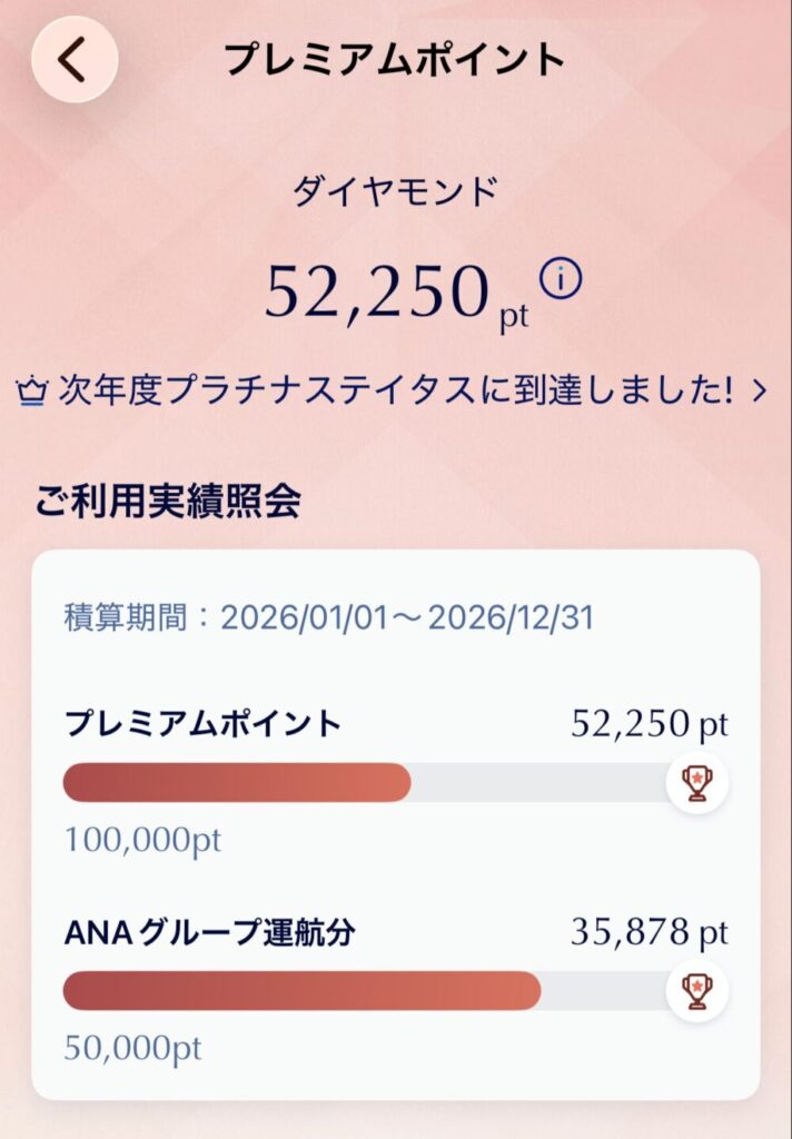 ANAアプリのプレミアムポイント画面(修行前)。プレミアムポイント52,250pt、ANAグループ運航分35,878ptで、50,000ptのラインまであと少しの状態。