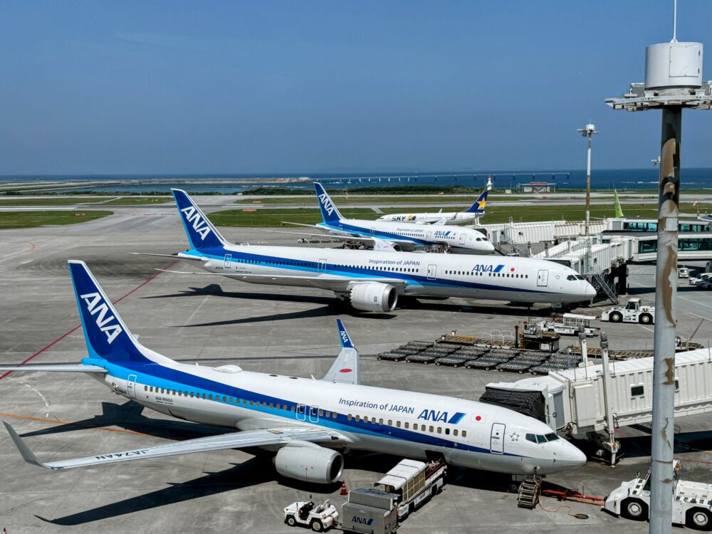 那覇空港の滑走路に駐機するANA機複数機と青い海を望む展望デッキからの眺め