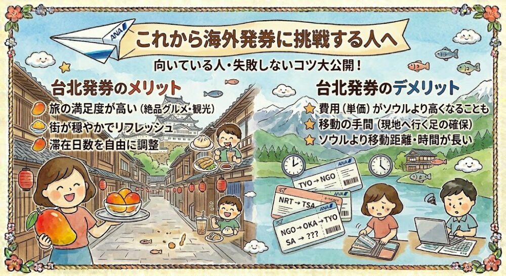 図解「これから海外発券に挑戦する人へ」。海外発券に向いている人と、台北発券のメリット・デメリットをまとめて紹介したイラスト。