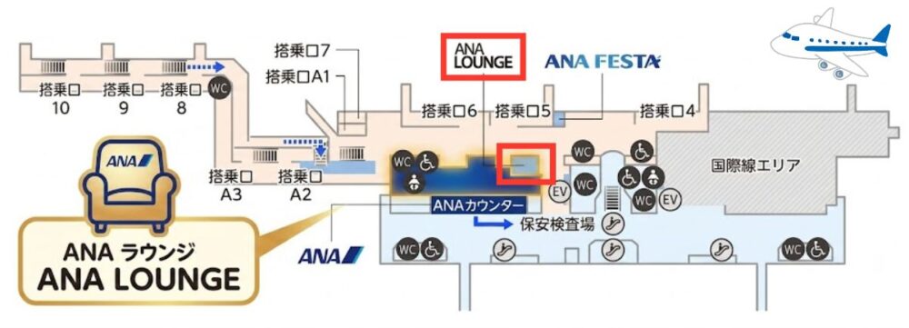 仙台空港2階のフロアマップ。ANAラウンジは5番・6番搭乗口付近にある