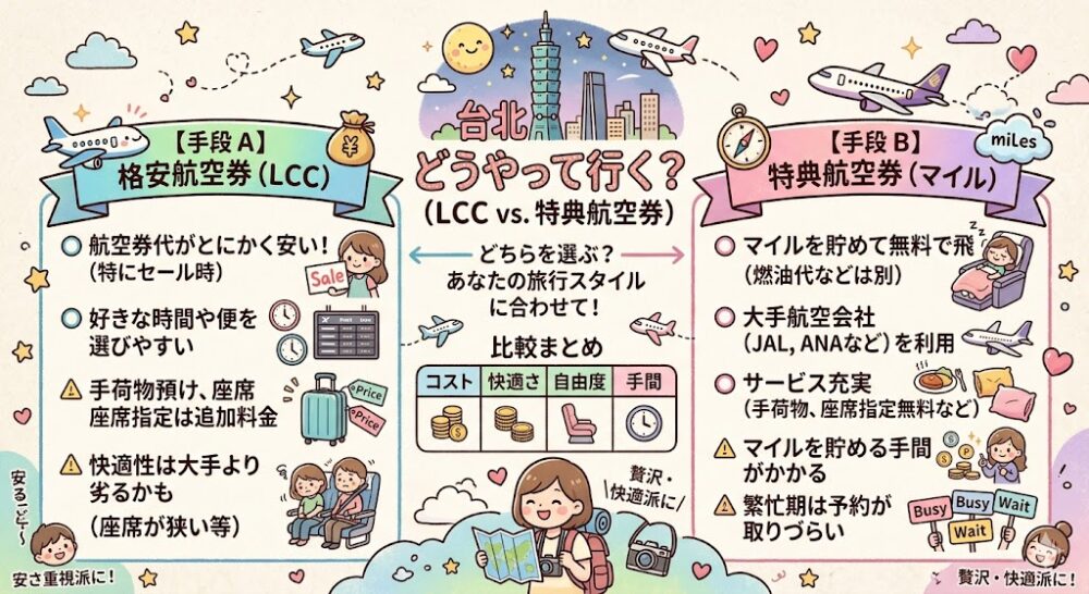 図解「台北までどうやって行く？」。台北への行き方をLCC（格安航空券）と特典航空券（マイル）で比較し、コスト・快適さ・自由度・手間のまとめと、それぞれのメリット・デメリットを紹介したイラスト。
