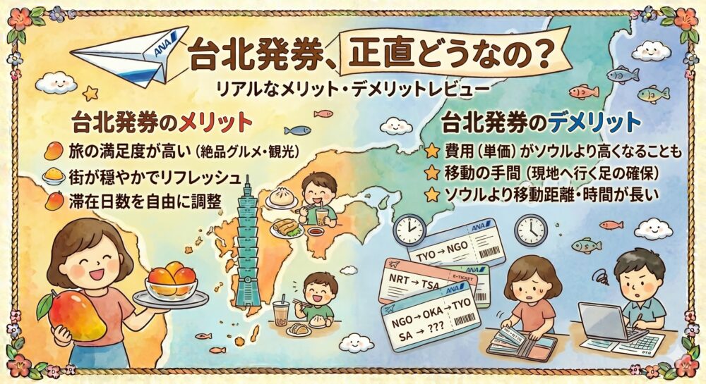 図解「台北発券、正直どうなの？」。台北発券のメリット（旅の満足度の高さ・穏やかな街並み・滞在日数の自由度）とデメリット（費用がソウルより高くなることも・現地までの移動の手間・移動距離の長さ）をまとめたイラスト。