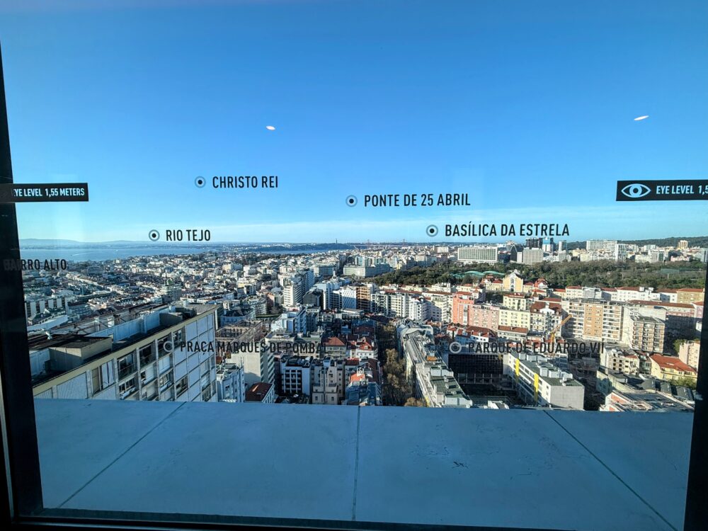 ホテルの窓ガラスに記載された、リスボンの主要なランドマーク(クリスト・レイや4月25日橋など)の方位案内