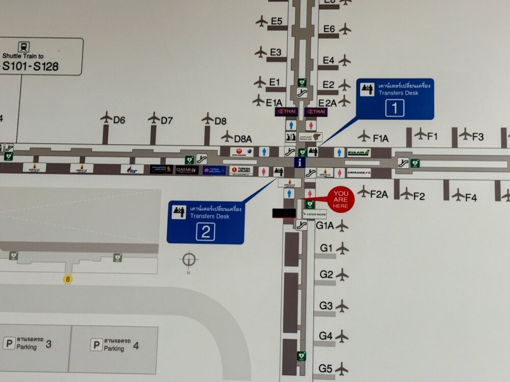 スワンナプーム空港の館内案内図。コンコースD・E・F・Gの位置関係が分かる