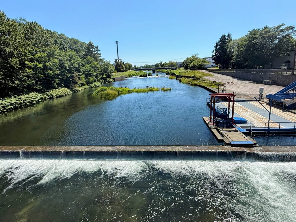 道の駅サーモンパーク千歳のそばを流れる千歳川と、川をせき止める堰