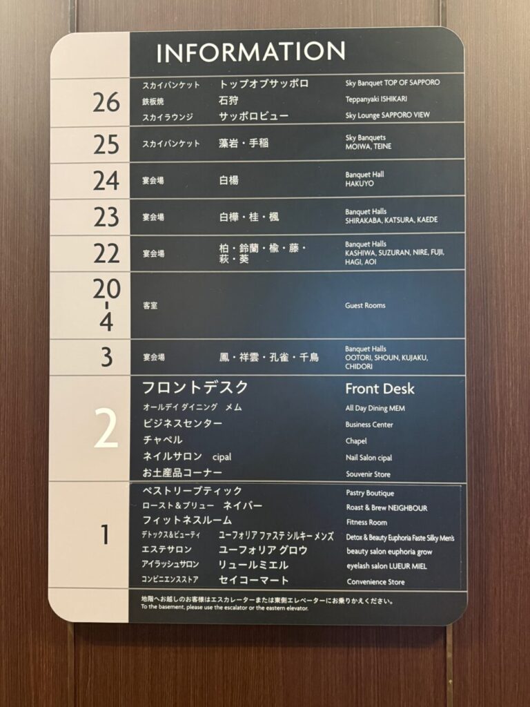 ANAクラウンプラザホテル札幌の館内案内板。フロントデスクは2階、フィットネスとセイコーマートは1階