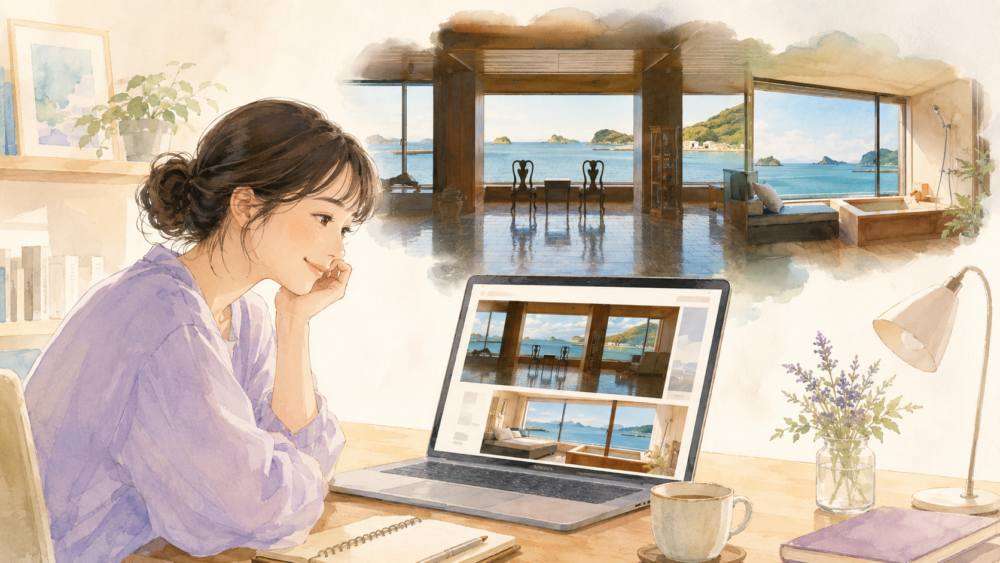 壱岐リトリート海里村上 by 温故知新の公式サイトで、壱岐の海を望むロビーや客室の写真を見ながら「泊まってみたい」と心を弾ませる女性のイラスト。