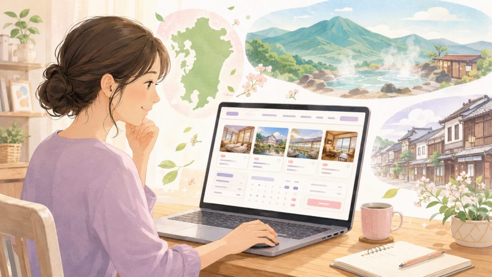 九州の復興を願いながら、パソコンで「九州ふっこう応援割」の対象となる宿泊施設を探している女性のイラスト。