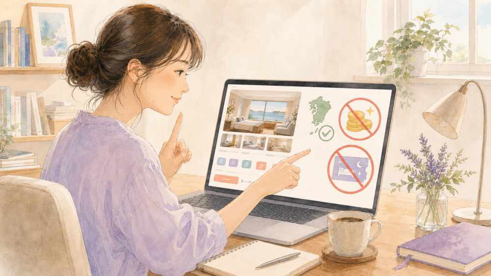 九州ふっこう応援割では、ポイント利用や無料宿泊特典が対象外であることを、予約画面で注意深く確認している女性のイラスト。